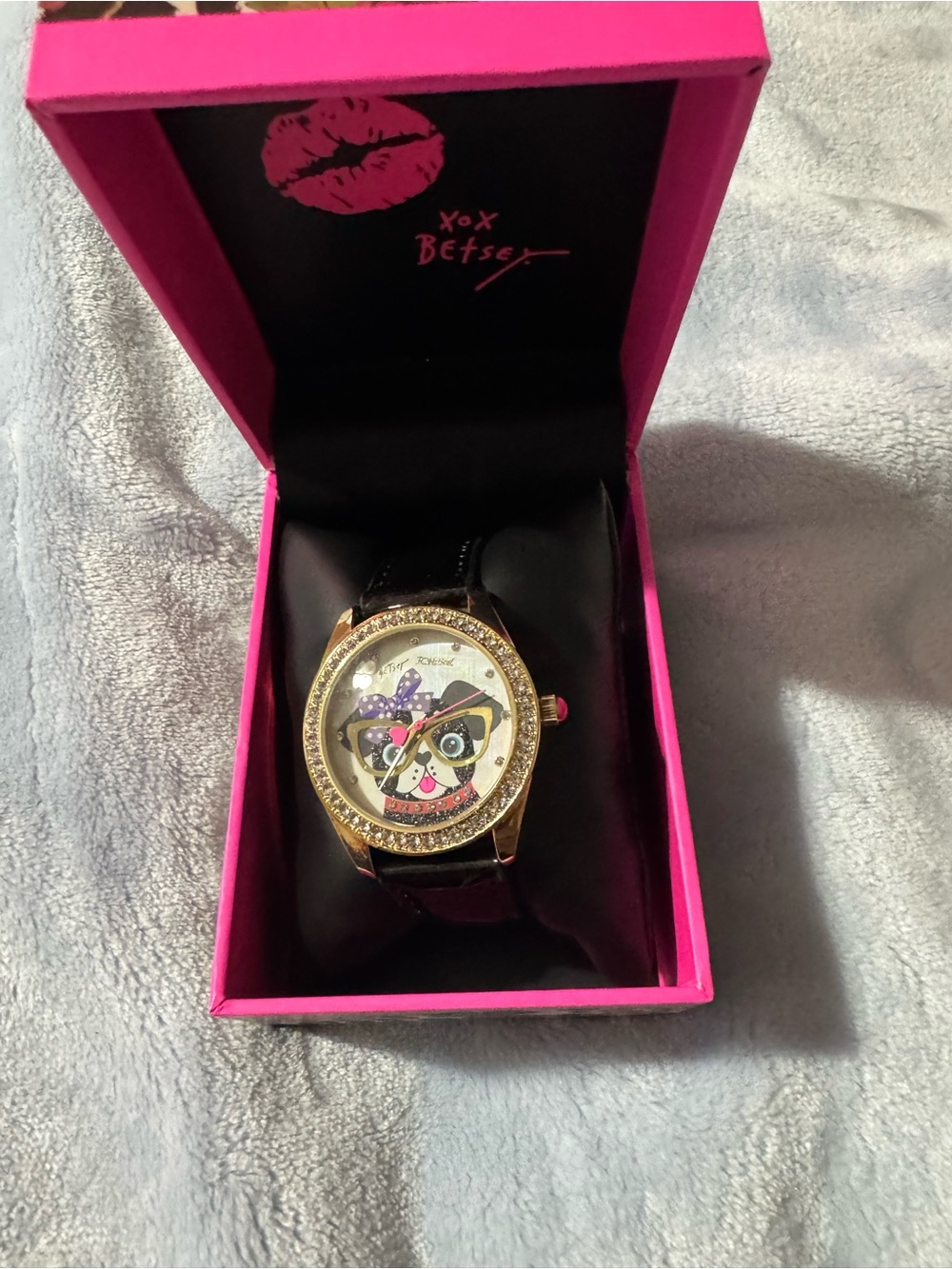 Betsey Johnson Black Strap Gold-Tone Crystal Cat Face Watch